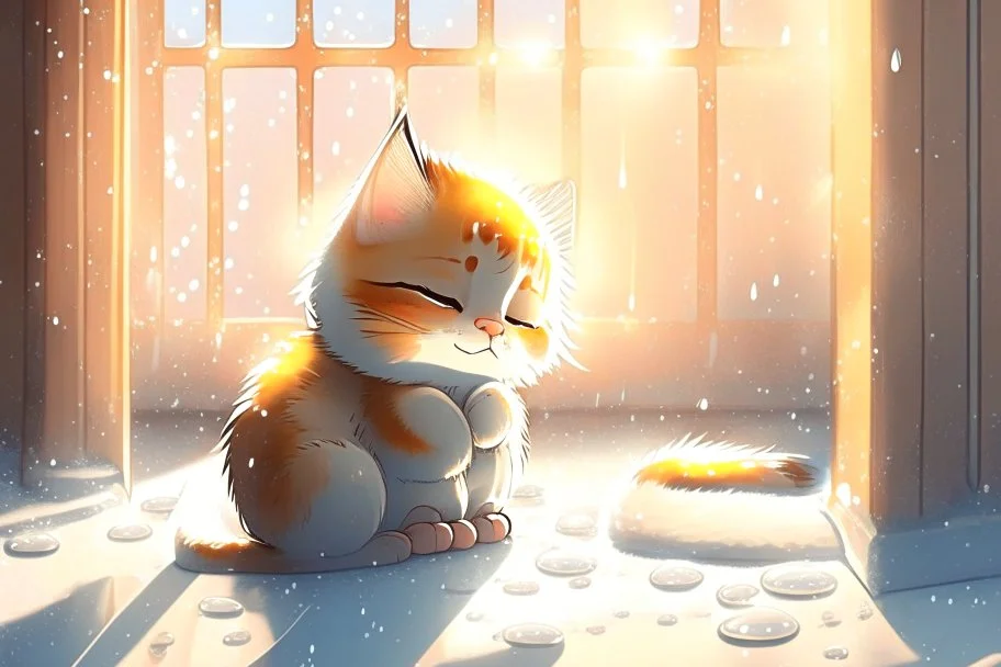 cute chibi thankful cat praying in an icy room in sunshine