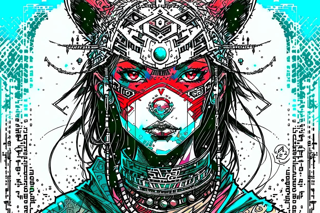 front facing portrait illustration of a gothpunk armored female kitsune vampire mercenary , beaded dreadlock hair, wearing an ancient ornate japanese kitsune mask , and shemagh, highly detailed with gritty post apocalyptic textures, caught in a cosmic maelstrom of swirling gases , finely detailed facial features and hair, in the graphic novel style of Bill Sienkiewicz, and Jean Giraud Moebius, ink wash and watercolor with realistic light and shadow