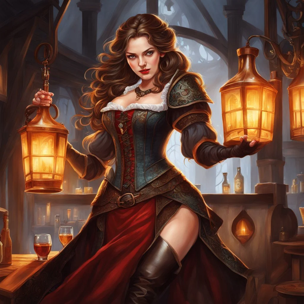 A young woman with pale skin and long brown hair in a fantasy tavern setting with intricate details. She is smirking, a tavern wench pouring a glass of whiskey, has intense red eyes, intimidating presence. High definition.