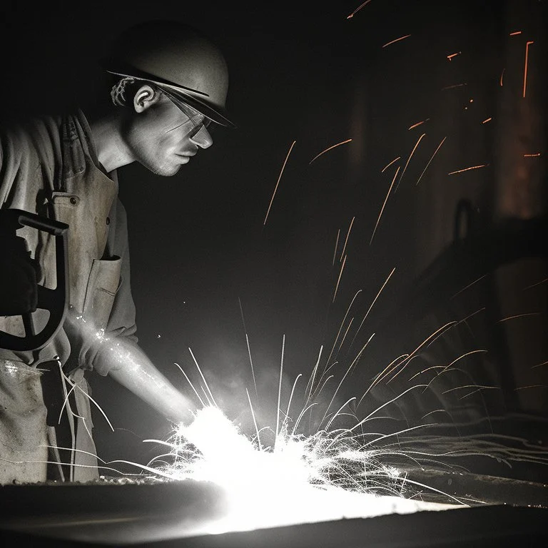 Imagen realista y dramática de una trabajador en una fábrica de fundición rodeado de las chispas que saltan, en medio de la penumbra, primer plano del trabajador mirando la pieza que funde. Fotografía periodística realizada con una cámara Leica y un objetivo de 50 mm
