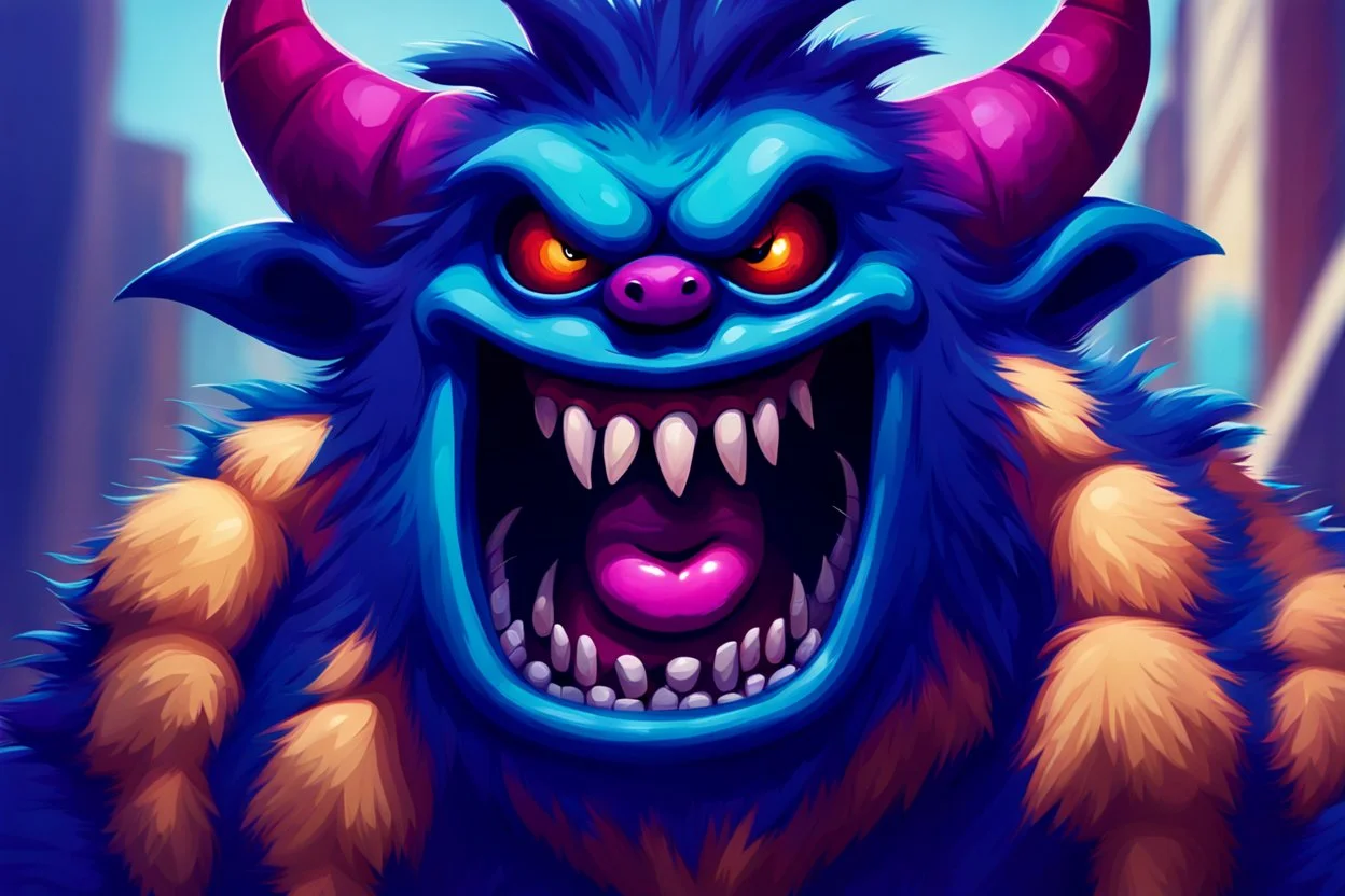 closeup of a maniacal grinning monster's face, big teeth, fur, bumps and horns, my pet monster inspiration, urban character design