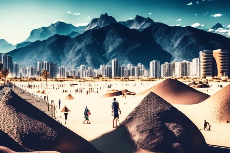 Modern city, people, mountains, sand, rocks