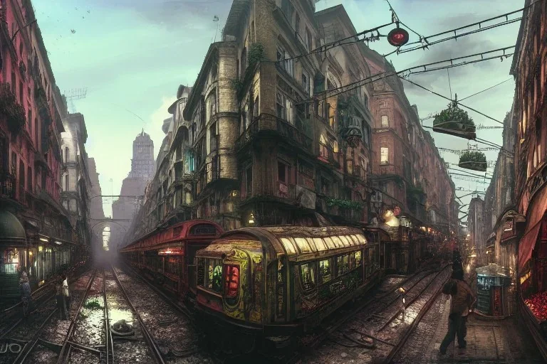 Corner Elevated Train run raid Train Canal River and corner shop greengrocer in colorful Italian street+Gothic city+BioShock+Dishonored+Bloodborne +trieste+Edinburgh+Chicago+victorian London+decòpunk Skyscraper+ +steampunk+biopunk+alphonse mucha, greg rutkowski,matte painting, cryengine, hyper detailed, felix kelly, fantasy art, seb mckinnon