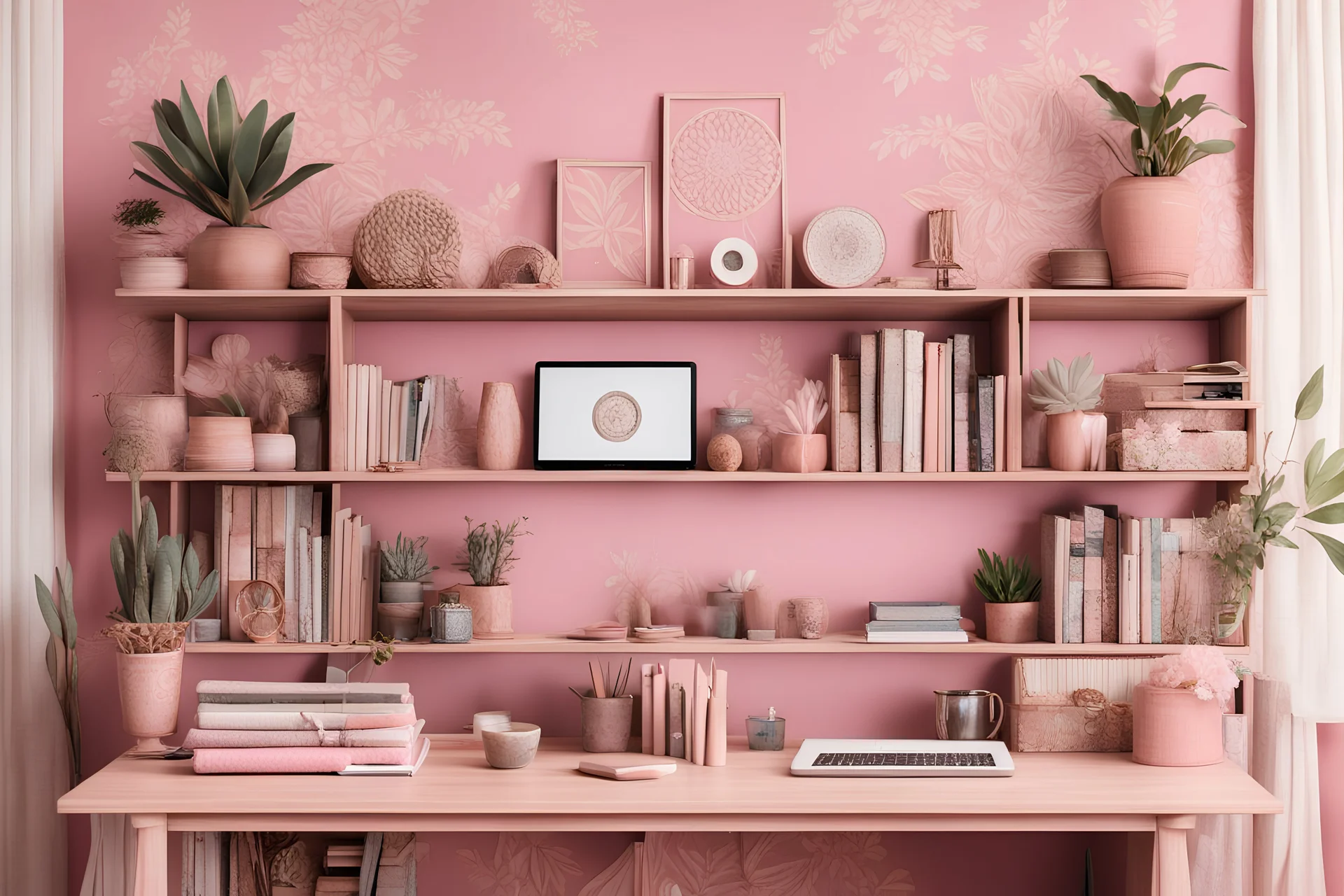 Pink Boho Chic Home Office Shelving Zoom Background | Virtual Background for Zoom/Videoconferences/Streaming