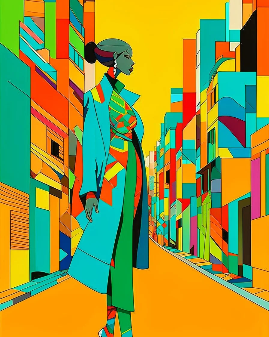 arafed avant-garde fashion, crazy distorted shapes, vague outlines, elongated woman walking through a color-blocked abstract city in oversized patchwork jacket and blue trousers, vague bold geometric planes and overlapping color blocks, vibrant high-saturation palette of warm yellow orange sky blue turquoise and olive green, overheat vibe, heatwave vibe, excellent parallels, amazing verticals, amazing transparency