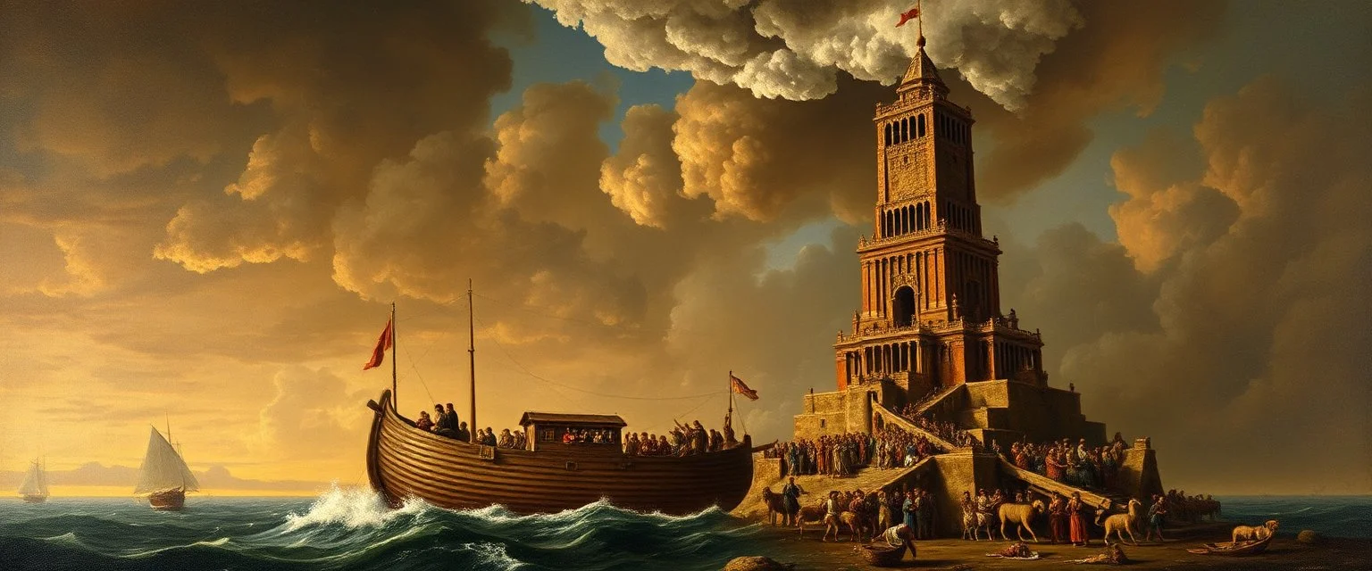 master oil painting by Rembrandt, Noahs Ark and the tower of Babel