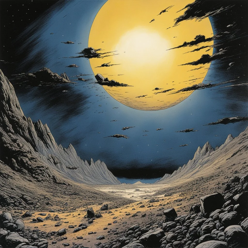 Drawn by Bernie Wrightson, colored by Scott Hampton: A hard day in earth's orbit. But everything ended well. The evening was a success. Armageddon.