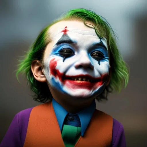 Joker toddler, real, full body, tokio background, dramatic lighting, hyper realistic, 8k