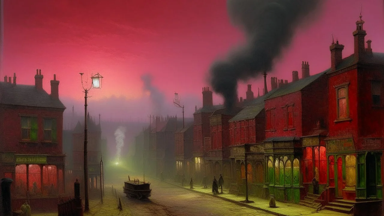 A dark reddish magenta western town covered in smoke painted by John Atkinson Grimshaw