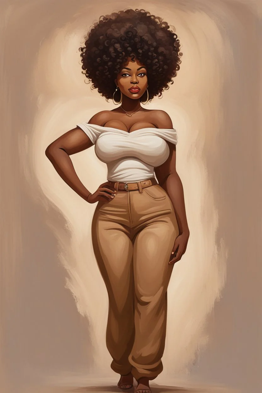 create a expressive oil painting image of a cartoon curvy black female wearing beige linen pants and a brown off the shoulder. Prominent make up with hazel eyes. Highly detailed long thick curly afro.