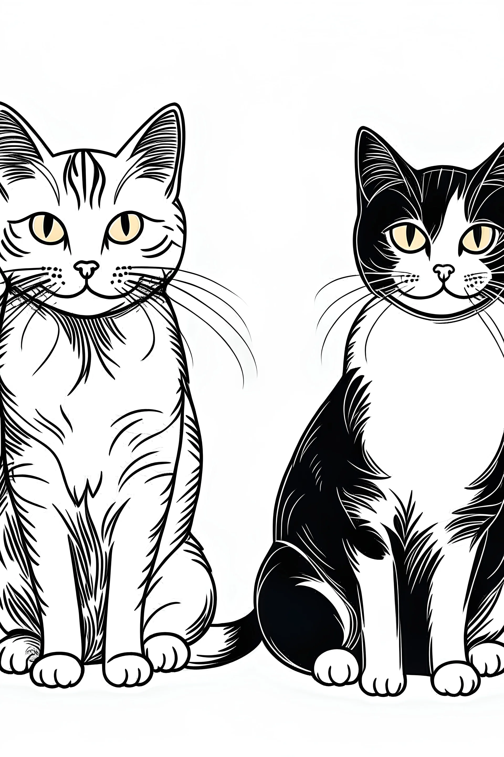 Make two cute outlines line drawings vector image of this exact two cats