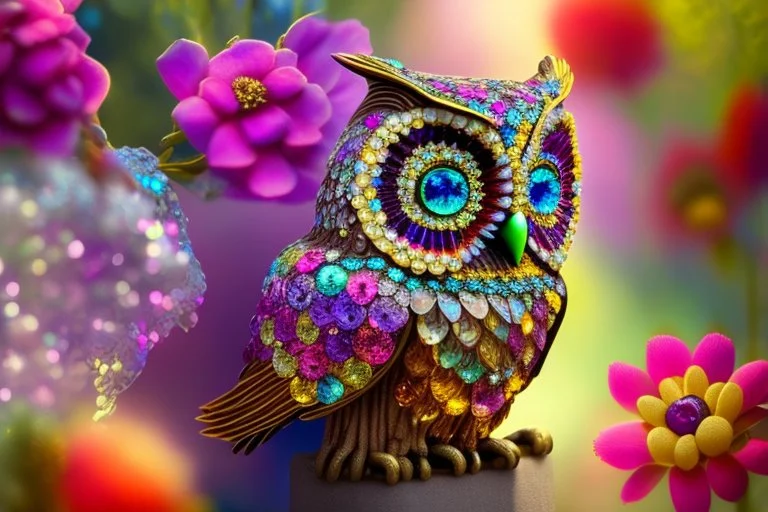 Owl made of gemstones and jewels in a flowergarden in sunshine