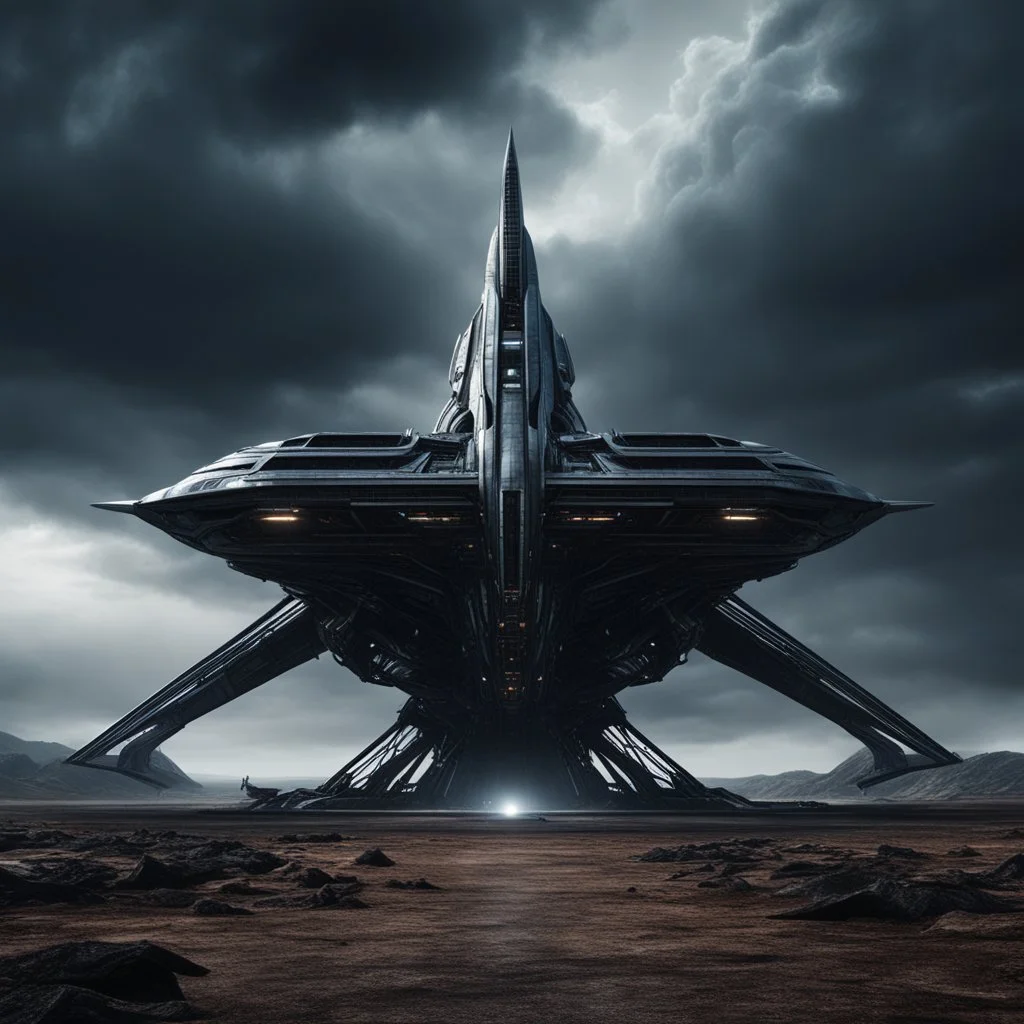 Alien stand front at Futuristic symmetrical spaceship crashlanded on an alien planet, photoreal, ,dark and moody, ambient lighting, intricate details, dark brooding sky