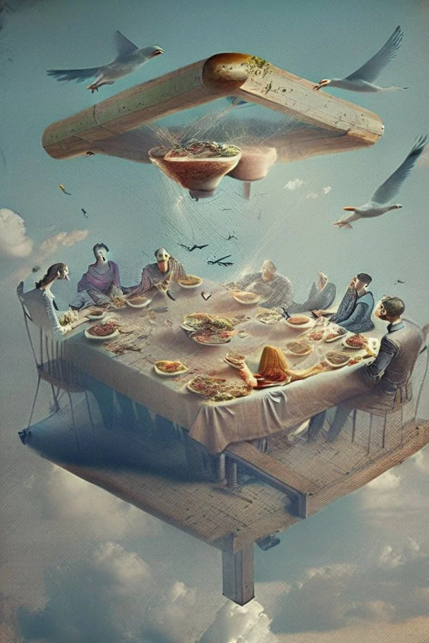 Flying table with people sitting there eating their dinner