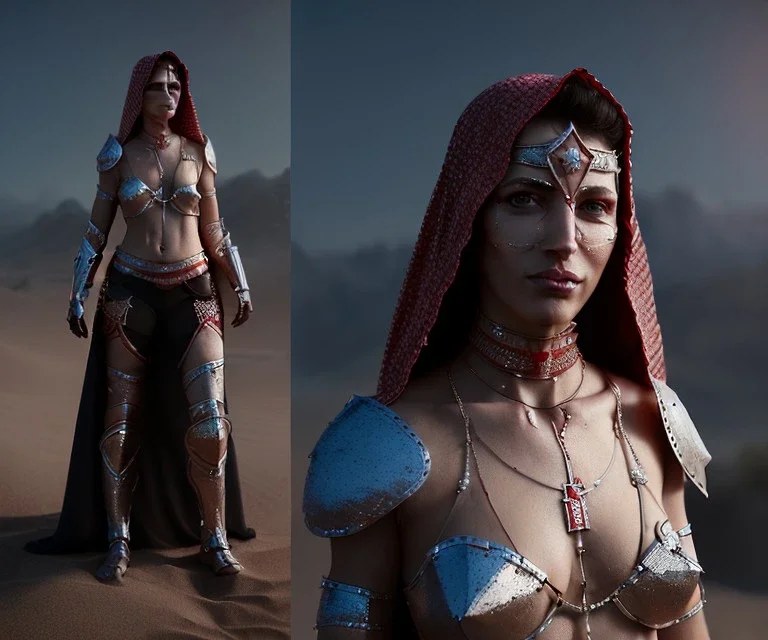 Animated, woman, Arabic face veil, war paint, armor, choker, hands, gauntlets, x, sword, longsword, chainmail, red beads, desert, pyramid