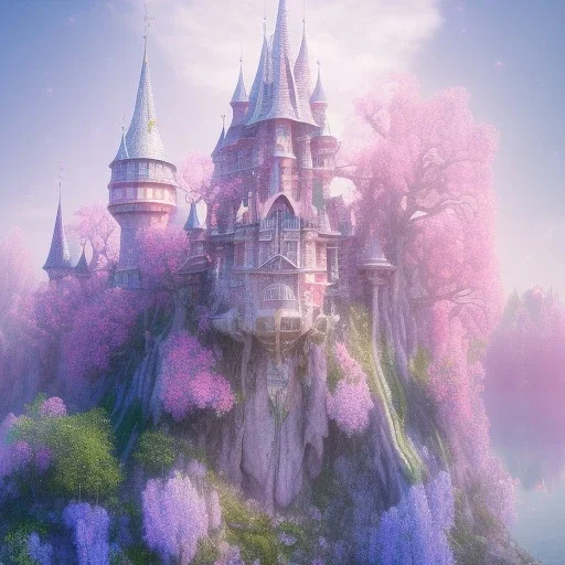 a magical crystal flower lys bougainvillier,snow, blue gold house castle in the woods, magnolias pink,blue lake,sun,white swanns,pink vertical, blue lake,sharp, vines, candlelit, endor, ornate, elegant, highly detailed, artstation, concept art, smooth, sharp focus, illustration, 8k, splash art, wallpaper, key visual