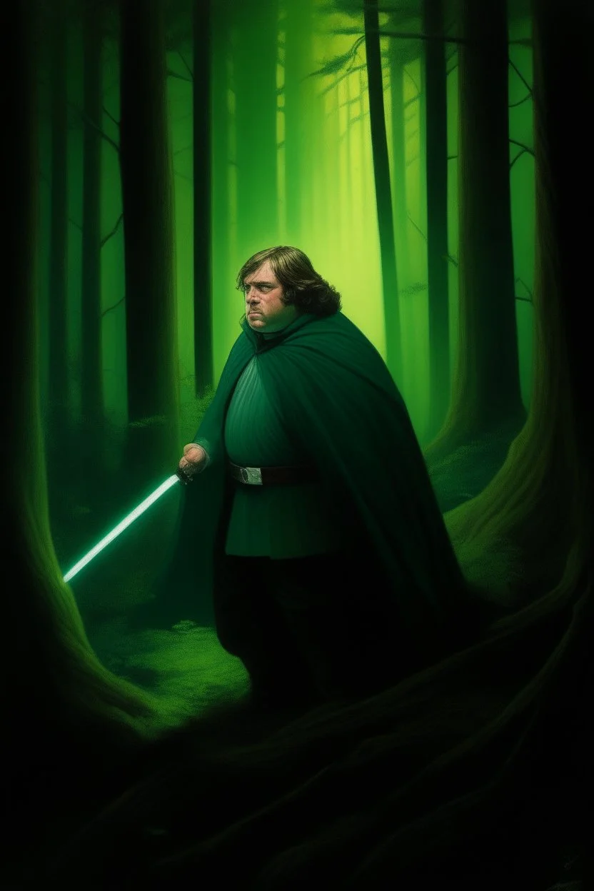 1970's dark fantasy cover dnd style oil painting of obese fat luke skywalker with green light saber into the woods with minimalist far perspective