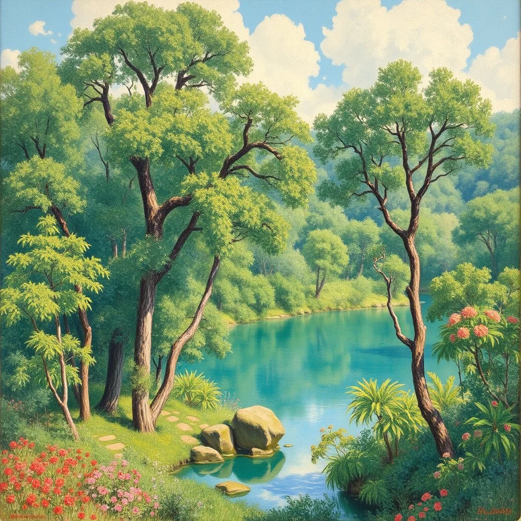 A turquoise jungle with a lake painted by Alfred Sisley