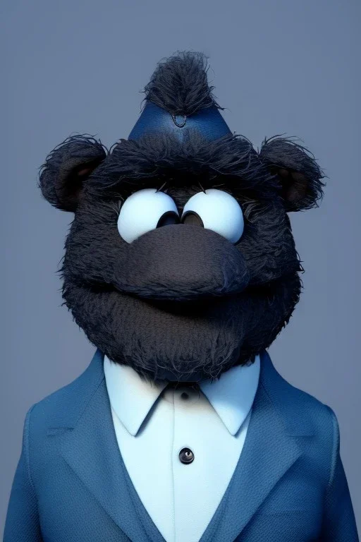 Waist up muppet Portrait, Kim Jong-un as muppet doll, black suit, photo studio, blue background, unreal engine 5, concept art, art station, god lights, ray tracing, RTX, lumen lighting, ultra detail, volumetric lighting, 3d.