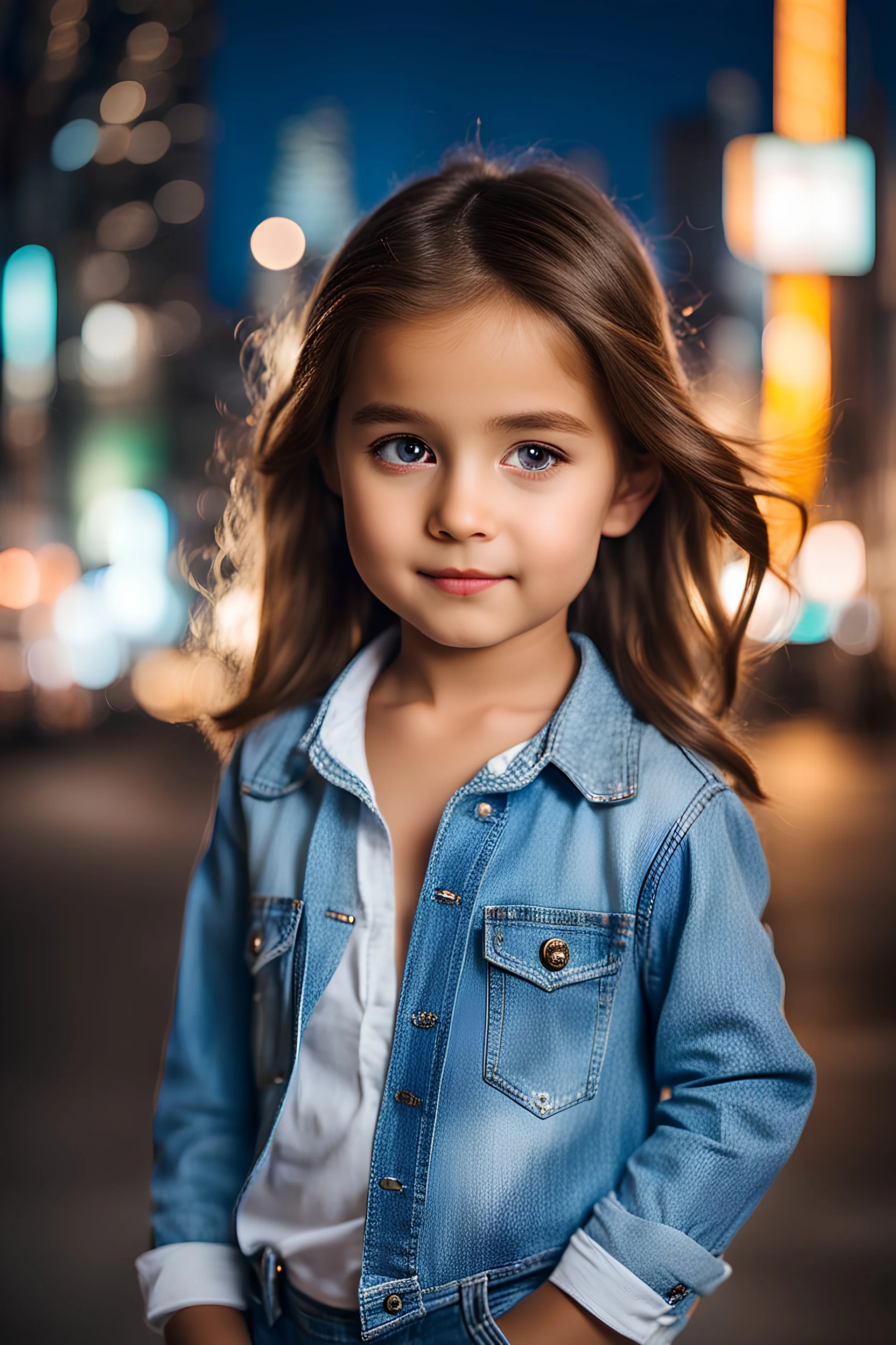 Little 6 years old beautiful girl perfect face,1girl wearing a pretty shirt and jean pant, standing pose,modern city ,night view