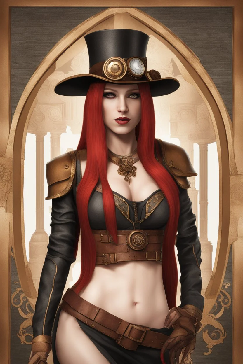 full body and headshot of a skinny Cleopatra, with long straight red hair, dressed as an assassin standing in a steampunk setting.