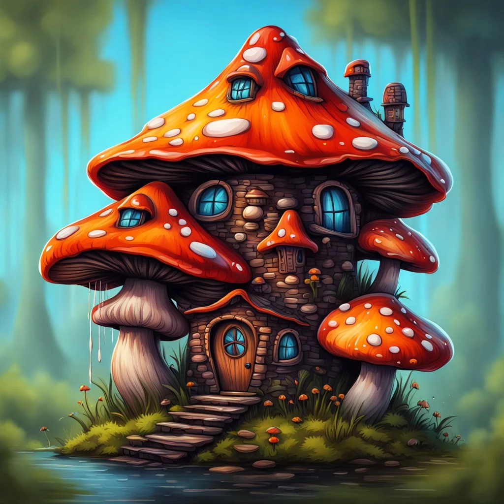 A weird mushroom house with drippy spots and eyeballs on a floating island. black blue red orange. Detailed gloss Painting, rich color, fantastical, intricate detail, splash screen, hyperdetailed, insane depth, concept art, 8k resolution, trendi