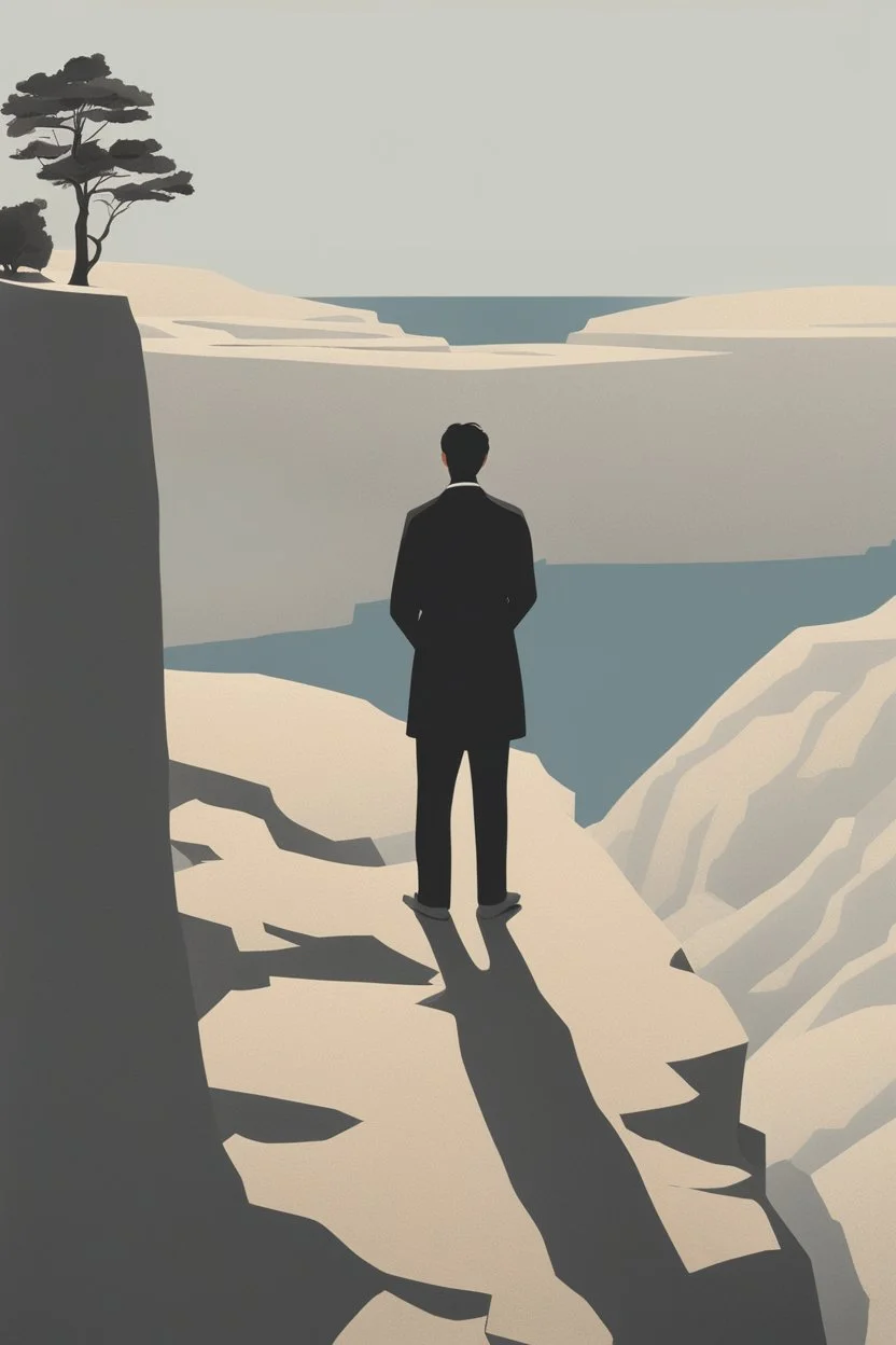 An enigmatic portrait of a figure standing at the edge of a cliff, overlooking a vast, unknown landscape, in the style of minimalism, simple shapes, limited color palette, and a focus on the subject's sense of wonder and curiosity, inspired by the works of Agnes Martin and Ellsworth Kelly, encouraging the viewer to contemplate the mysteries of the unknown.