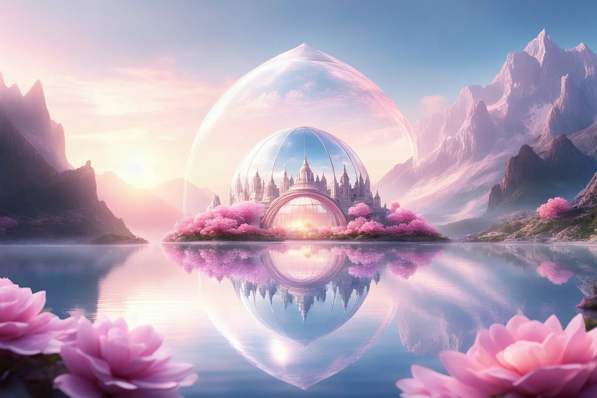 Sun, magnificent and luminous bright transparent silver gold future architectures, in the sky sunset mountains. The architectures looks like a community, The mountains are light and pastel blue and pink colored made with cristal, sweet shapes, domes. There are lakes, and pink flowers, in the foreground circle of meditating people, transparent realistic looking subtle front glass castle