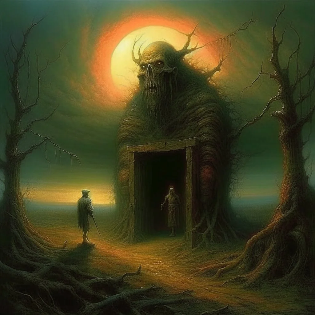 High concept art, horror movie aesthetic, by Zdzislaw Beksinski and Gabriel Pacheco, fine matte oil painting, in an empty field guarding a surreal standalone wooden doorway revealing a portal of brilliant light is a fearsome minitour holding an axe who has a television set on his head broadcasting a picture of a bull head, sinister, concept art, oddball masterpiece, sfumato, complex contrast,