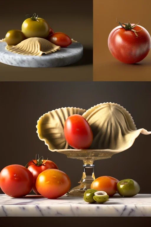 renaissance style still life composite, Raviolis with natural tomato, albahaca, olives, olive oil. moisture, art, natural, ornaments, marble, gold, high kitchen, smooth, gradient color background, unreal engine 5, ray tracing, RTX, lumen lighting, ultra detail, volumetric lighting, 3d.