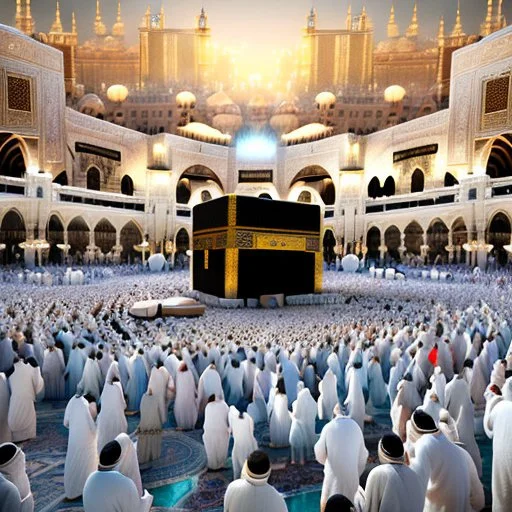 The scene in Mecca: People wearing white Ihram clothes, men without head coverings, women with veils, circumambulating around the Kaaba, and above them are transparent white spirits of children, men, and women with wings revolving around the Kaaba.