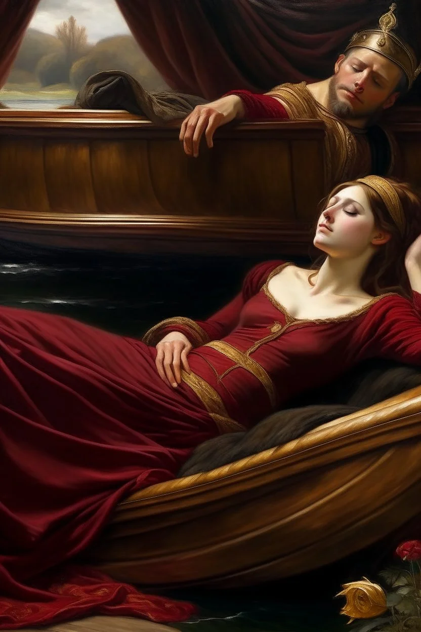 Oil painting A woman lies in a boat and next to her the king reclines and looks at her wearing a dark red dress exposed from above in the ancient era