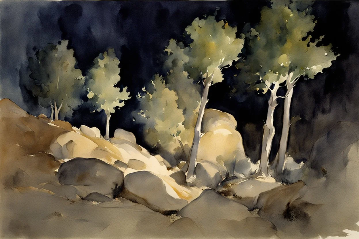 night, rocks, trees, mountains, john singer sargent watercolor paintings