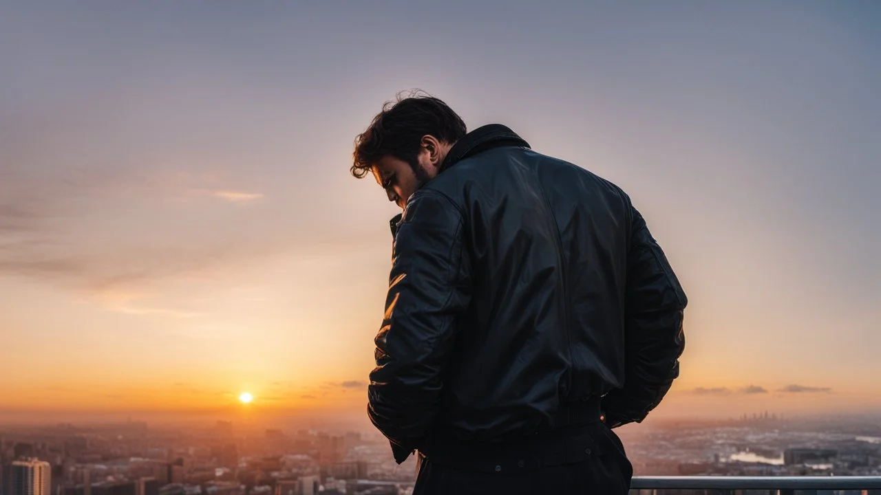 An Englishman in a bomber jacket standing to one side of a tall building looking across a city at sunset