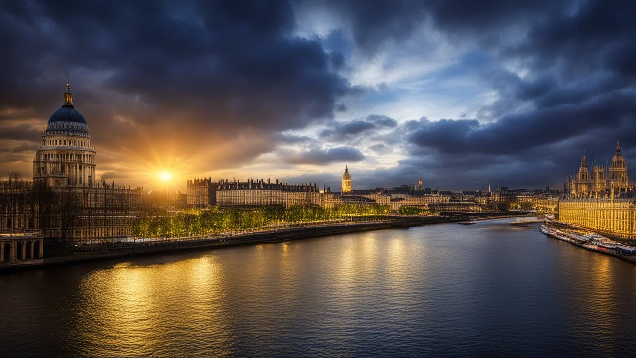 2159. The River Thames in London in a parallel universe, fantasy, magic, beautiful lighting, attractive composition, photorealistic, extremely detailed, chiaroscuro