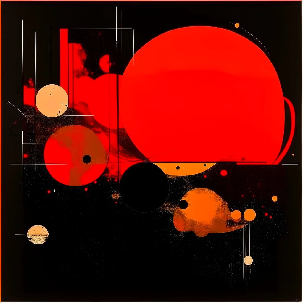 diffused cosmic conspiracies, abstract art, pinpoint dark light clusters, by Graham Sutherland and Victor Pasmore, silkscreened mind-bending illustration, asymmetric, cigarette burn textures, dark orange and black colors of differing hues