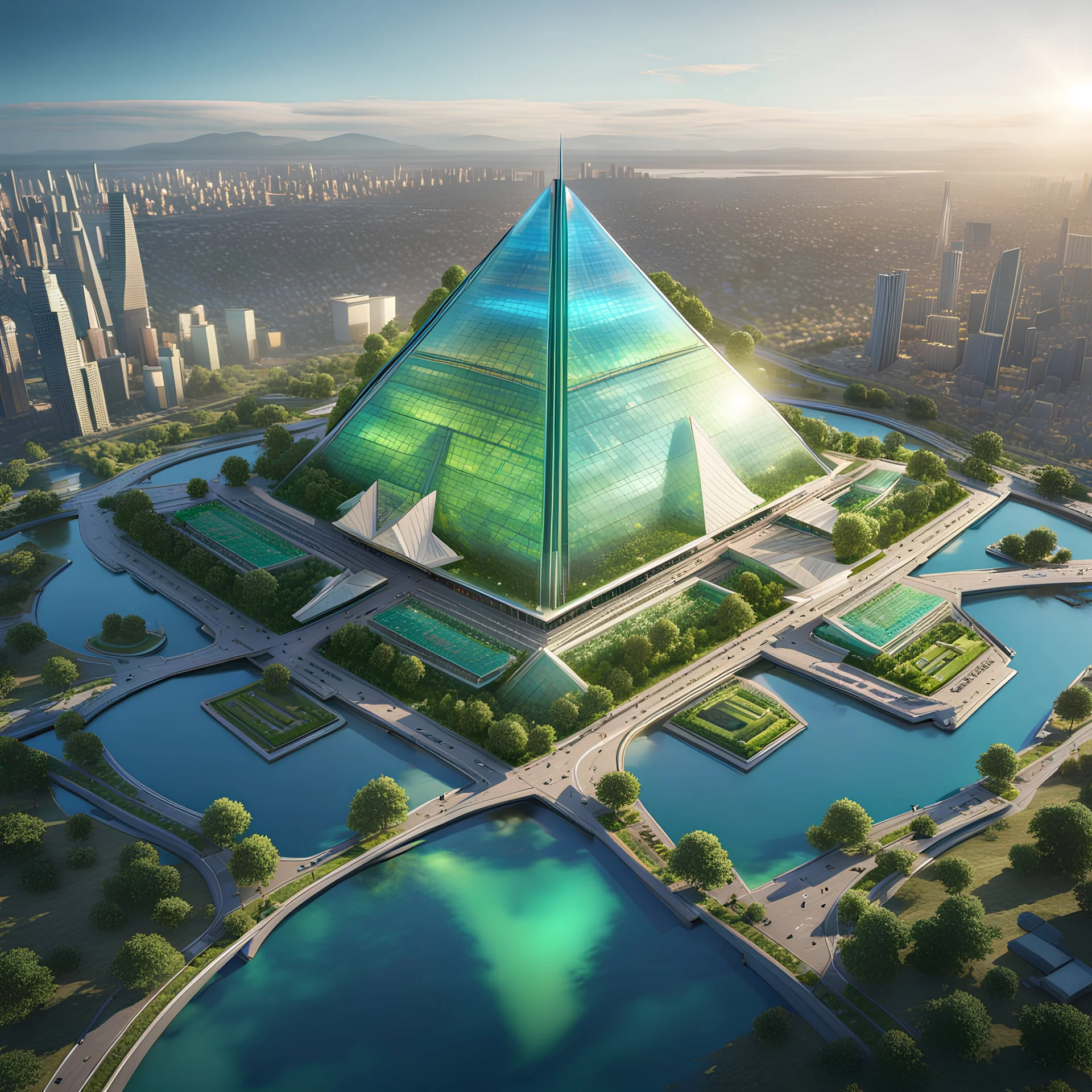 city in 2100, a large green iridescent pyramid building dominating the city :: 8K, 3D, Octane Render, VRay, Unreal Engine 5, Hyperdetailed, intricate, HDR, extremely realistic evolution of future architecture, photorealism, colourful, blue sky over a clean environment, award winning, crisp quality, masterpiece, fantastic view, digital art, airbrush art, ink drawing, sharp focus, high contrast, depth of field