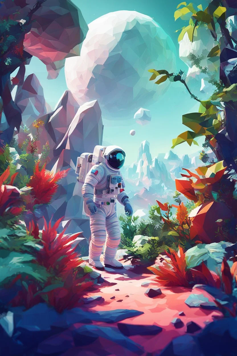 (((close midshot))), (((low poly art:2))), (astronaut), ultra detailed illustration of an environment on a dangerous:1.2 exotic planet with plants and wild (animals:1.5), (vast open world), astroneer inspired, highest quality, no lines, no outlines candid photography. by Lekrot