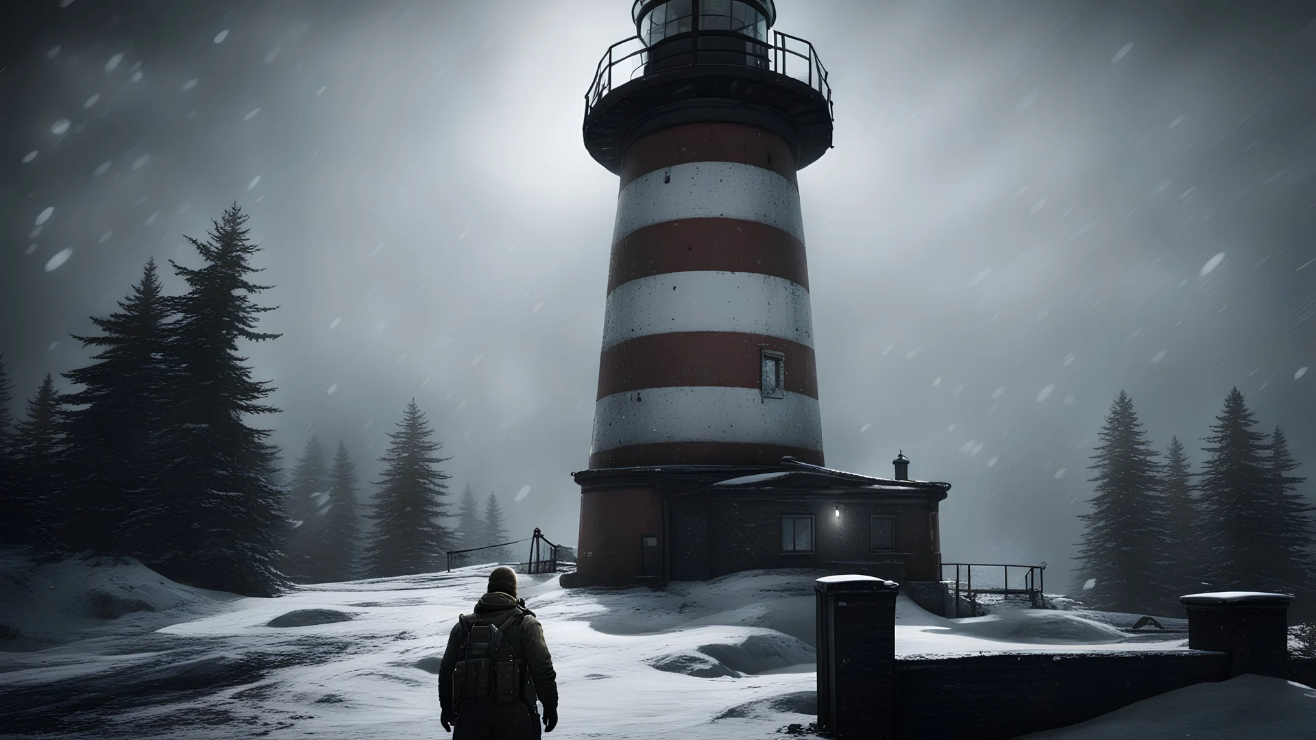 Escape from Tarkov a solo man standing by a lighthouse while snowing