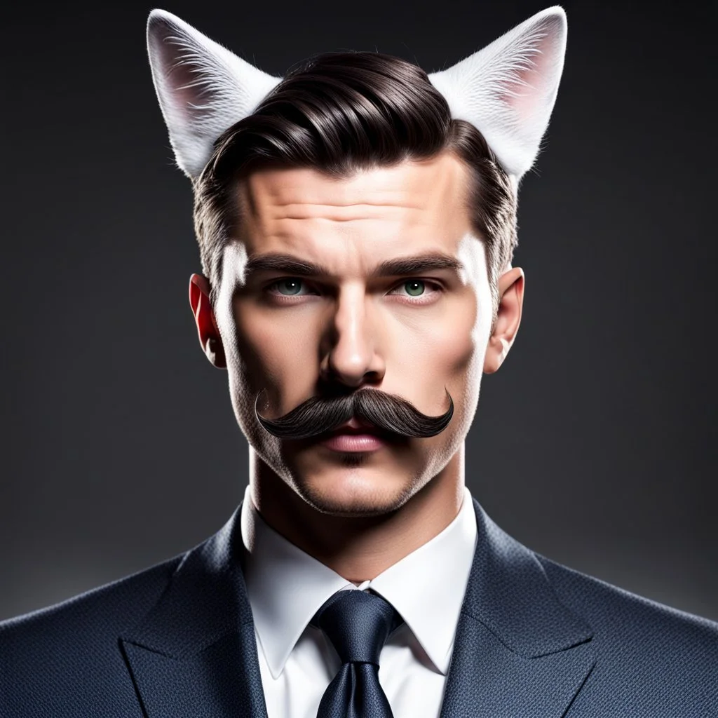 Hombre con bigote traje y corbata, con orejas de gato,calidad ultra, hiperdetallado