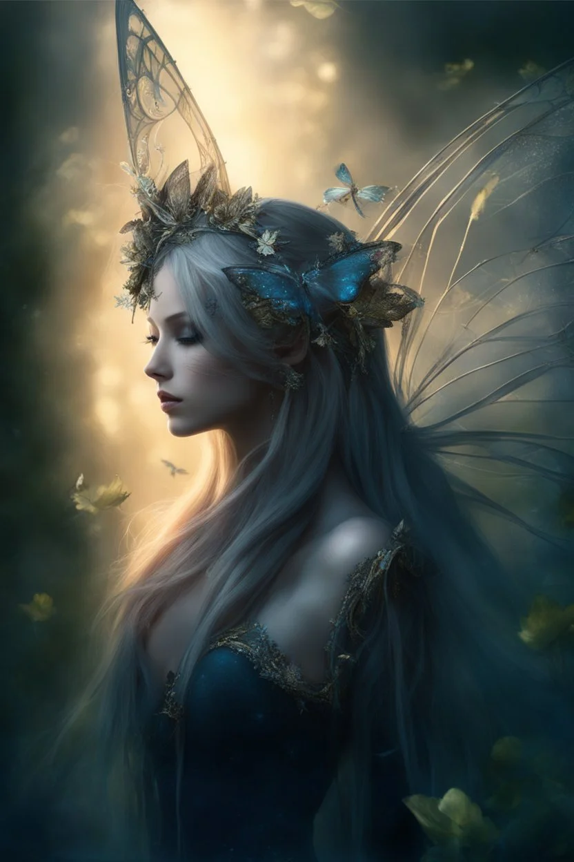 Blonde gold hair , , dark Fairy wings,long hair,water lilies,dark fairy princess,nymph,elven crown,dragonflies,tiara,,gothic,glitter,rapunzel hair, very long hair, sparkle