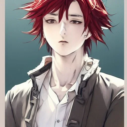 Detailed anime boy, crimson red hair, wolf ears, white trench coat, intricate details, full body portrait, keep head in frame, slight smile, black Japanese motif, concept art, highly detailed, digital painting, concept art, sharp focus, illustration, art by Yoji Shinkawa, WLOP and greg rutkowski and alphonse mucha and artgerm and yanjun Chen and Junji ito and Makoto Shinkai, HDR, octane render