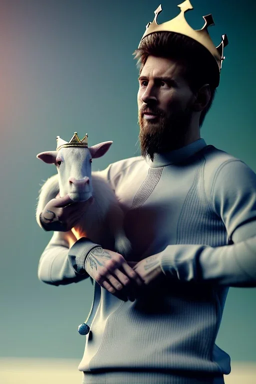 messi as king with wearing crown and king stuffs and clothes and holding a little white goat on his hand ,hyperrealistic,8k,detailed,rendered