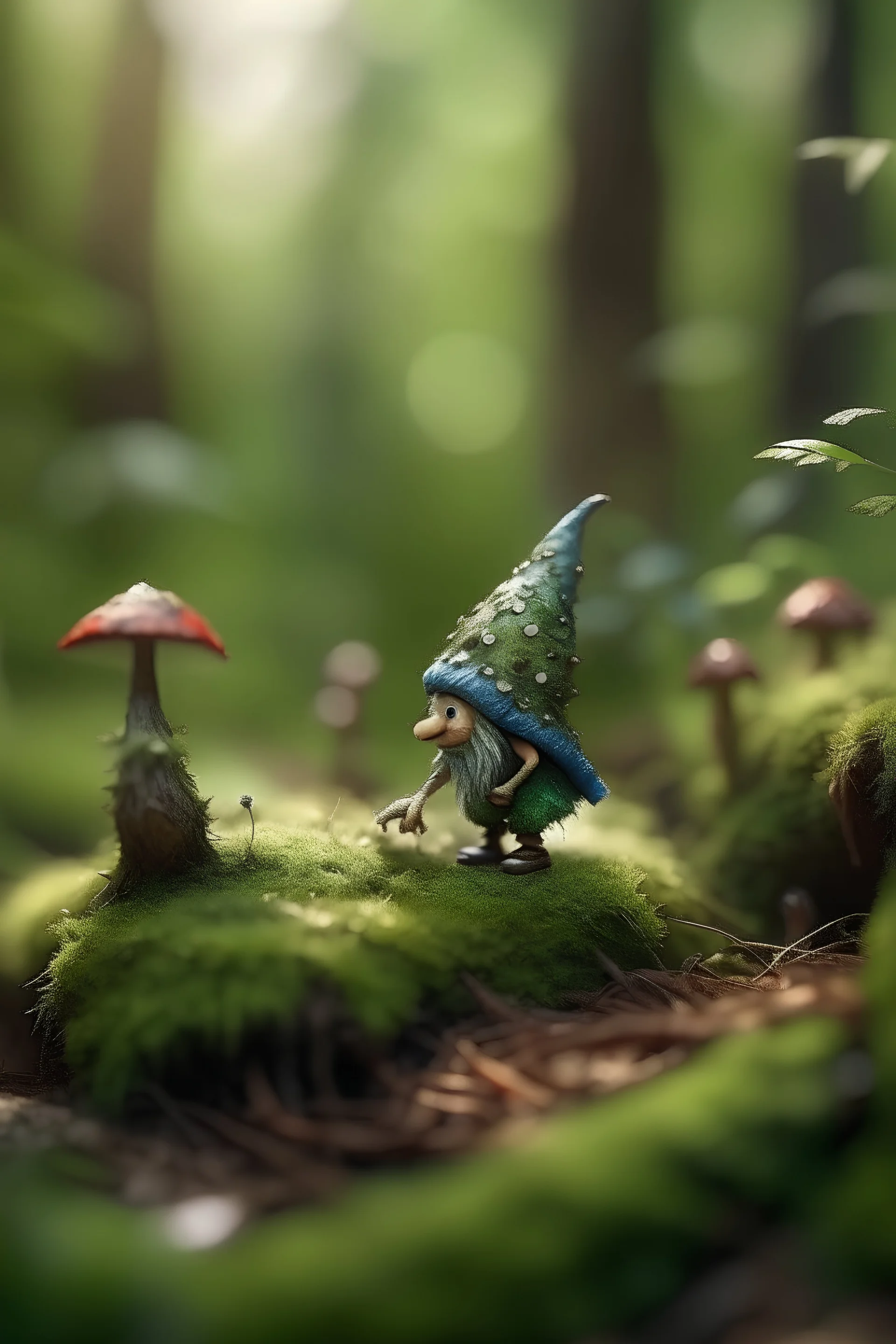 tiny forest gnome hunting insects in a lash forest, intricate detail, Bokeh effect, fantasy art no blur