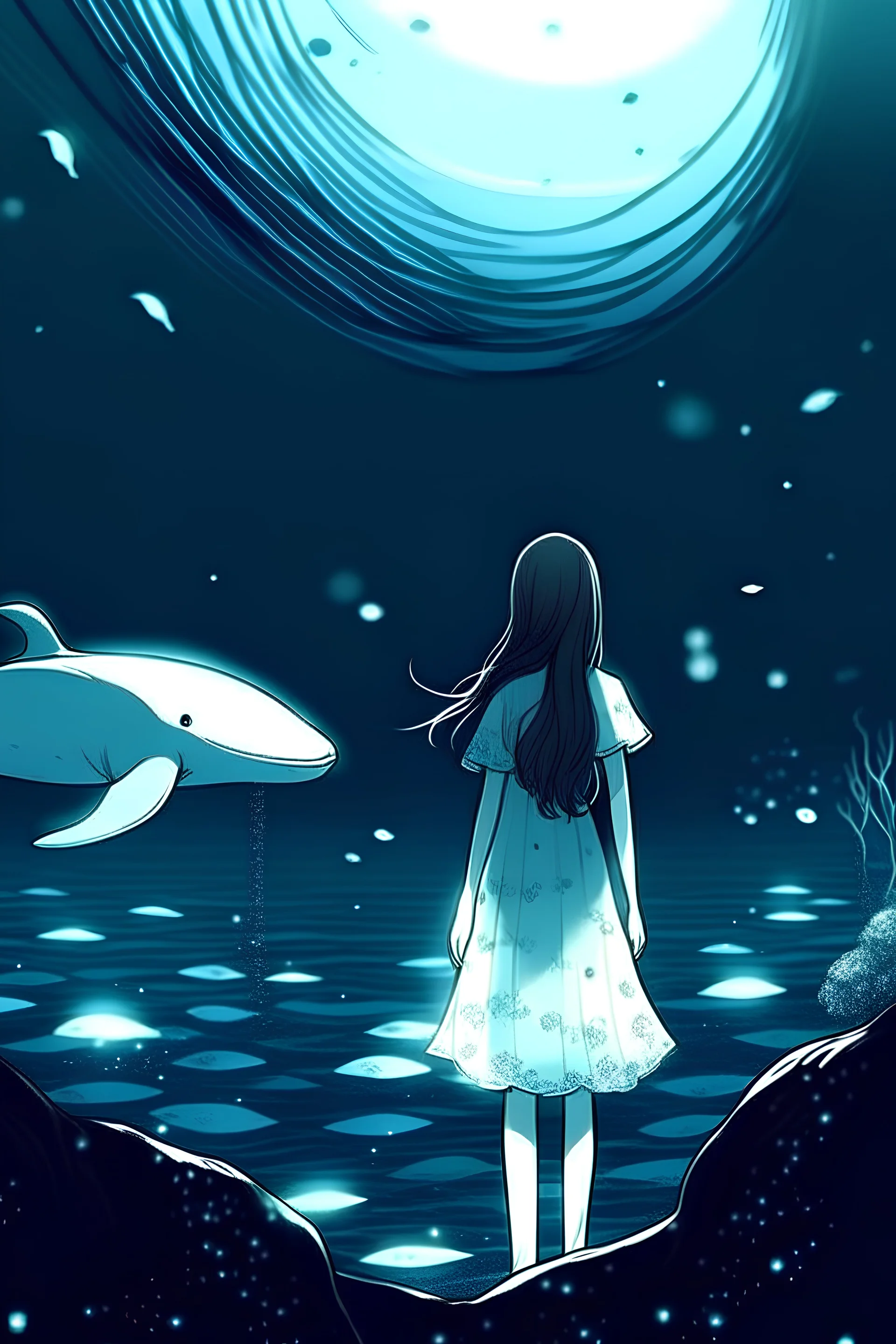under water walk pastel girl of the sea back dress night star whale tail sad