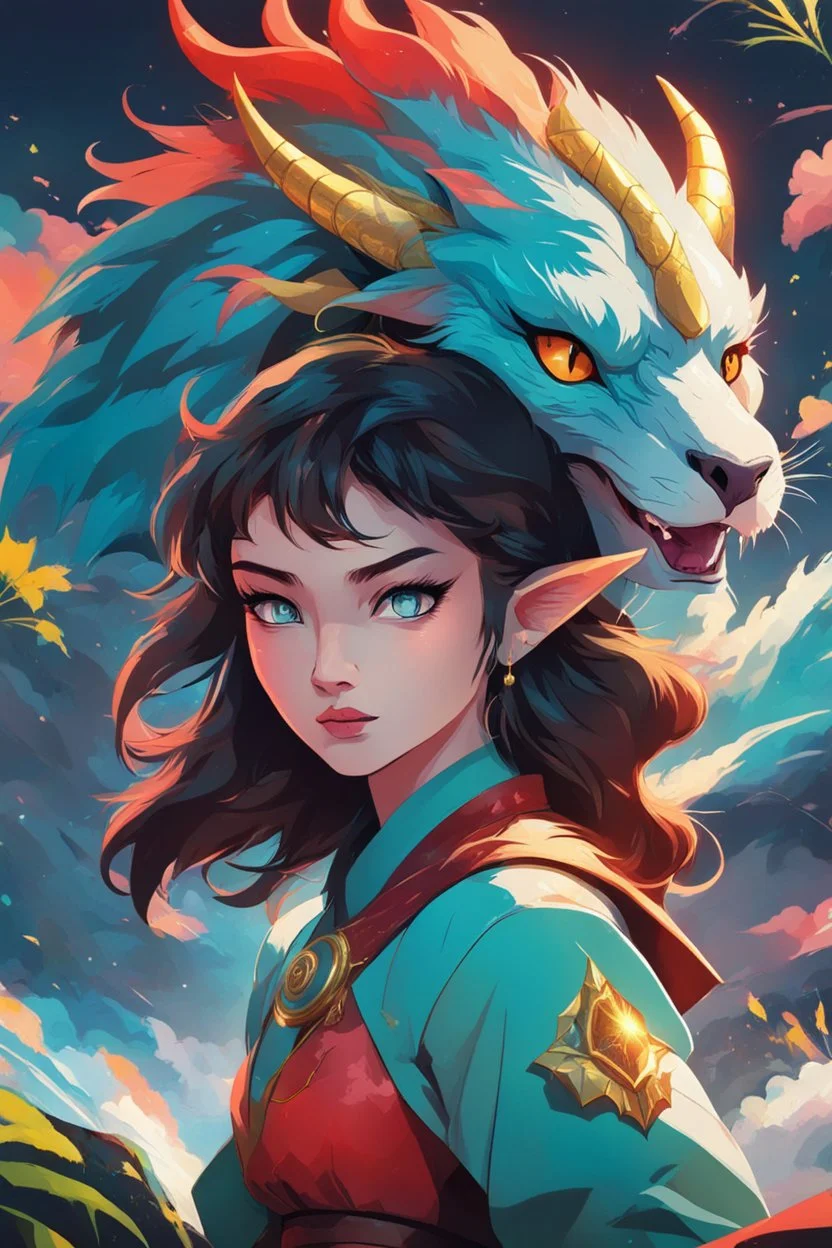 A dragon mixed with a mythical lion and a human female elf.Dramatic and powerful look and feel. Extensive attention to details. Bold lines. Vivid colors. 80s style retro anime art. Double exposure. cartoon style.