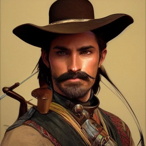 portrait,"Insanely detailed photograph of a male western mustachioed crossbowman", detailed charro and Sombrero, digital painting, artstation, concept art, sharp focus, illustration, art by artgerm and greg rutkowski and alphonse mucha, 8 k,fantasy, unreal engine