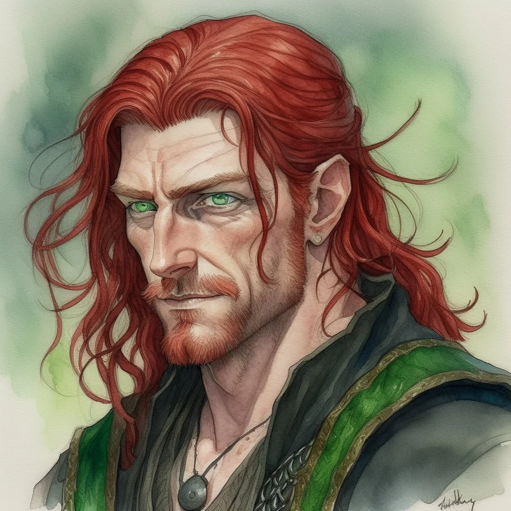 dnd, fantasy, watercolour, large strokes, stylistic, portrait, illustration, dull colours, male, face, narrow long face, weathered face, green eyes, determined, smiling, red hair, very long hair streaming down the shoulders, radiating light, five o'clock shadow