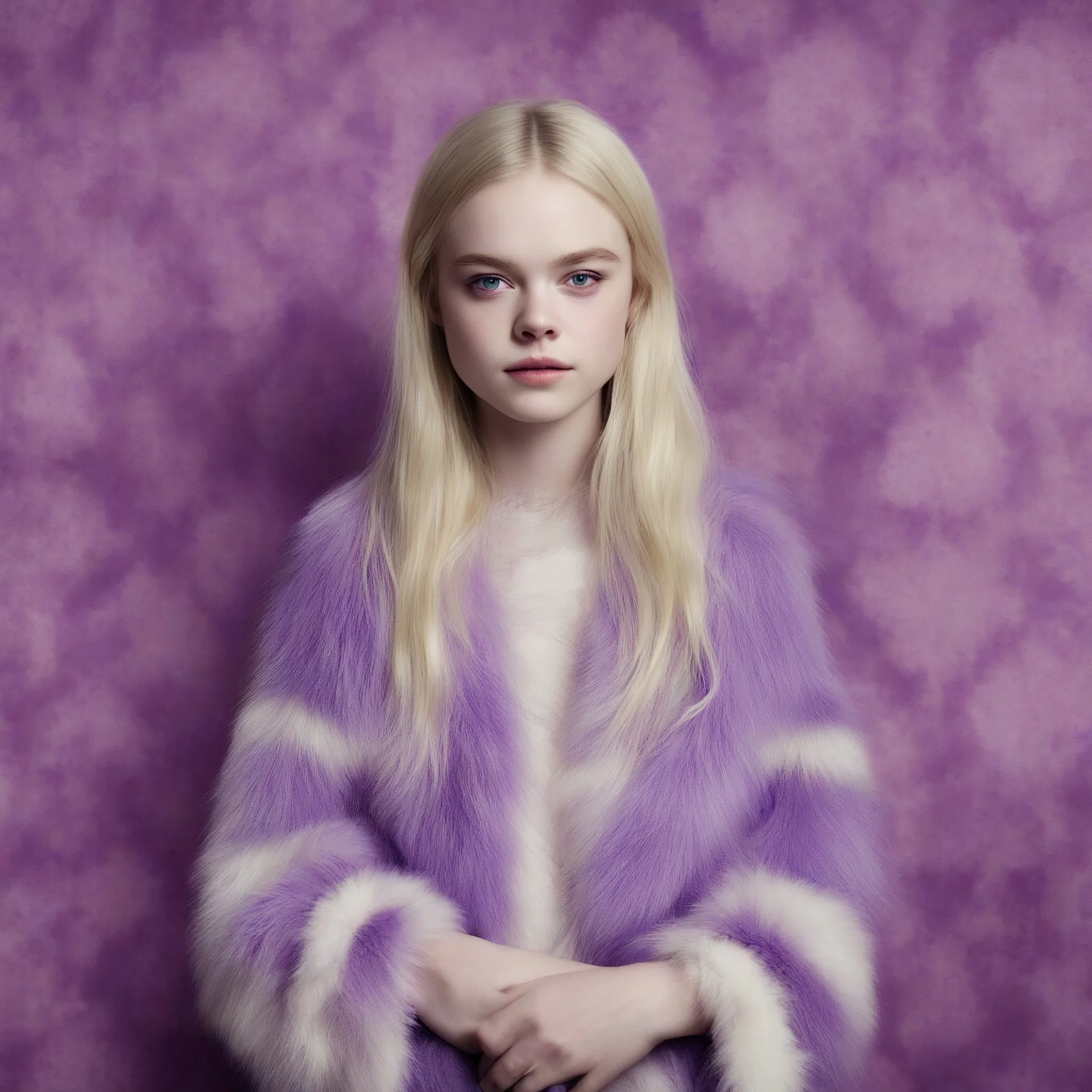 Elle fanning,Hippie girl, purple fur, striped wallpaper, whimsical