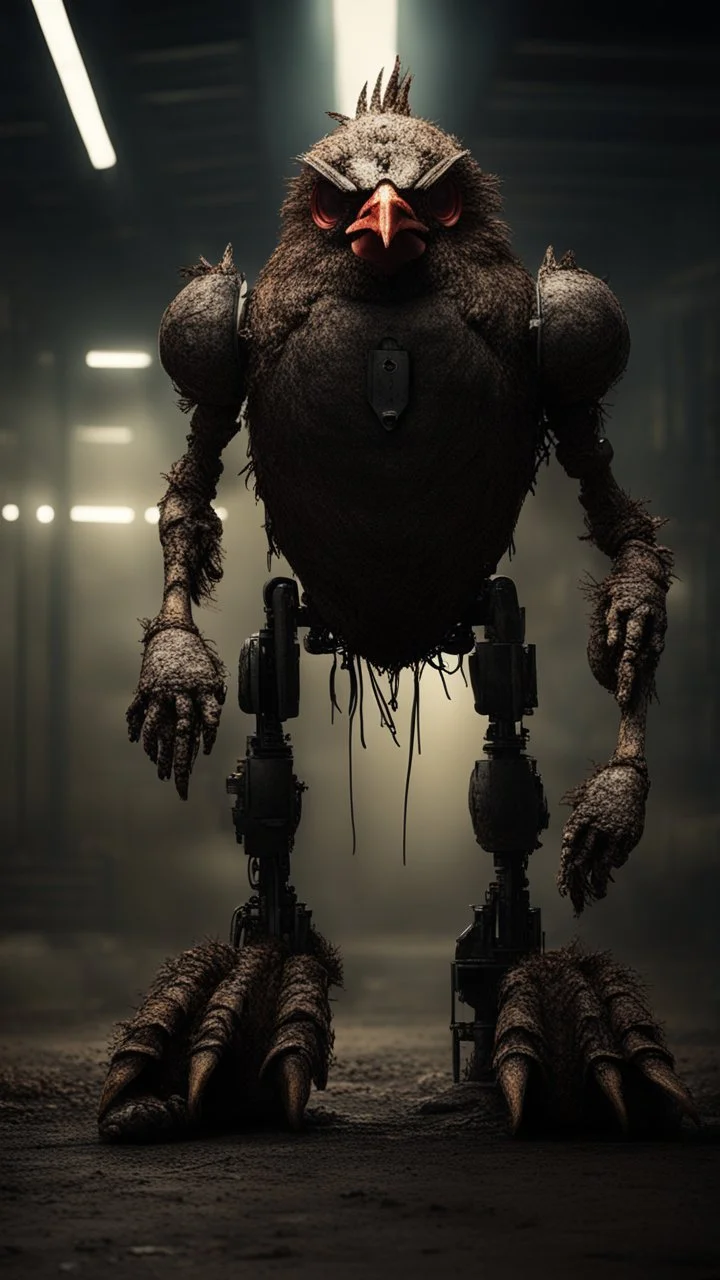 chicken monster robot with eerie lighting and a haunting atmosphere , photo / ultra realistic cinematic